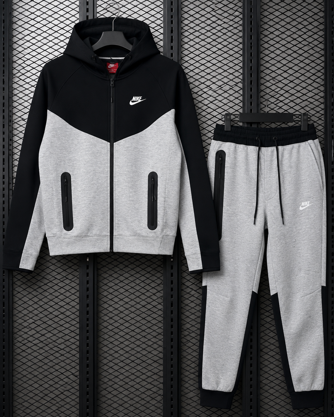 Nike tracksuit display with industrial backdrop